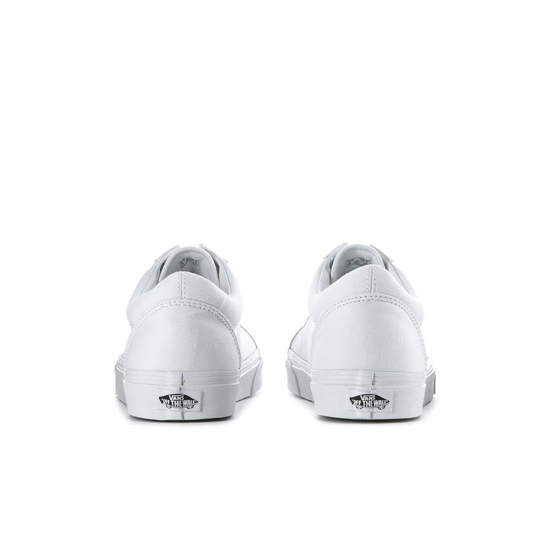Men's white sneakers with rear branding on heel and smooth toe cap