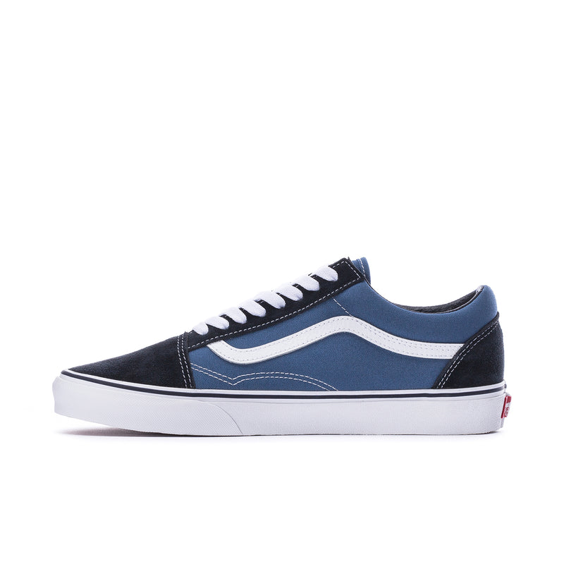 Men's low-top sneaker profile in navy and black with white side stripe and laces