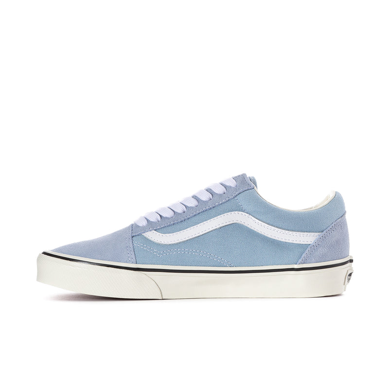 Men's low-top canvas sneakers, side profile, soft slate blue with white laces