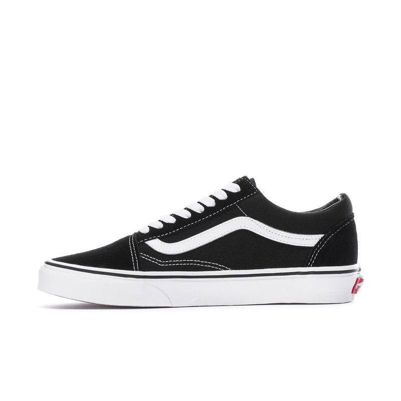 Men's black skate sneakers with white Sidestripe and low white rubber sole
