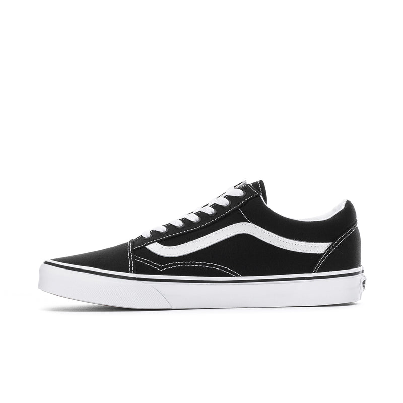 Men's black low-top canvas sneaker side view with white stripe, laces, and sole
