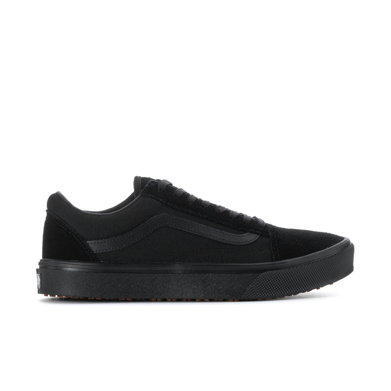 Men's black low-top slip-resistant sneaker with lace-up closure and gum sole