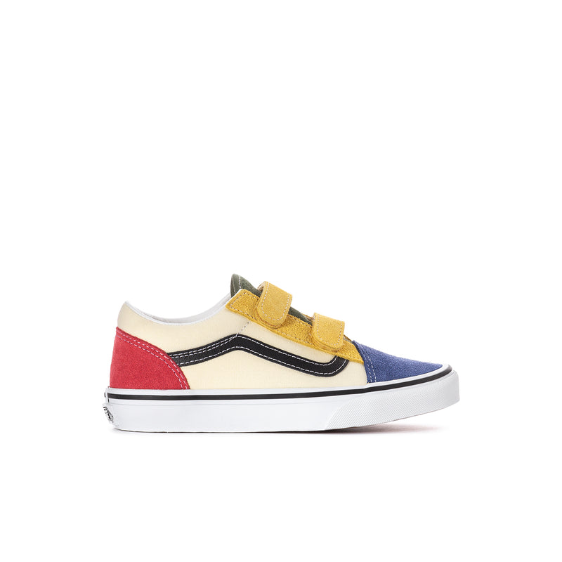 Kids' color-block sneakers with red, blue, and yellow panels; hook-and-loop straps