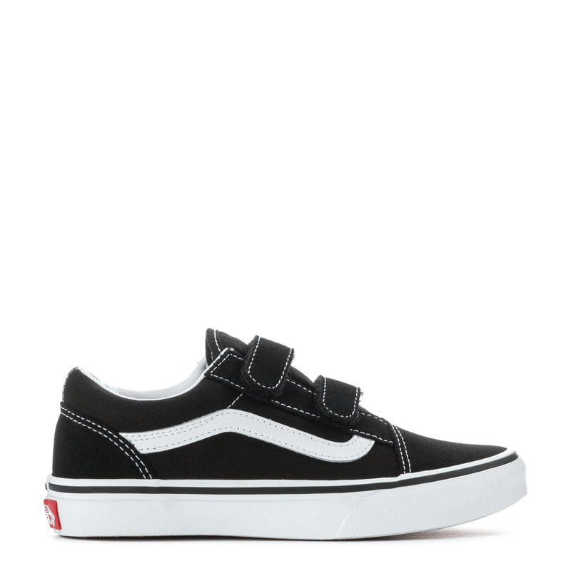 Kids' black skate sneakers with white side stripe and hook-and-loop straps