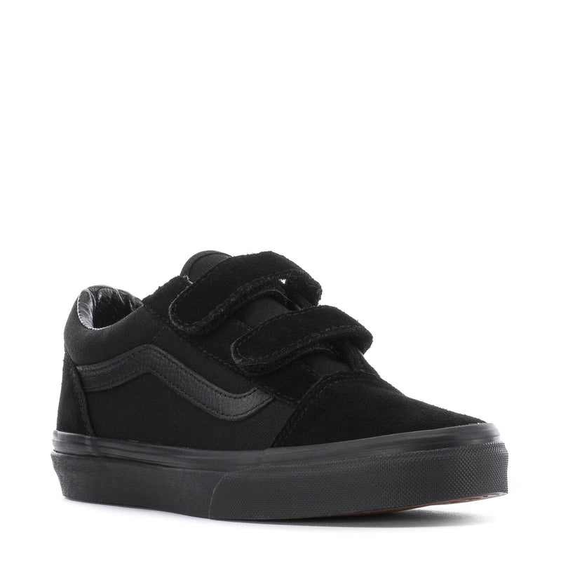 Kids black sneakers with padded collar, two hook-and-loop straps, and grippy rubber sole