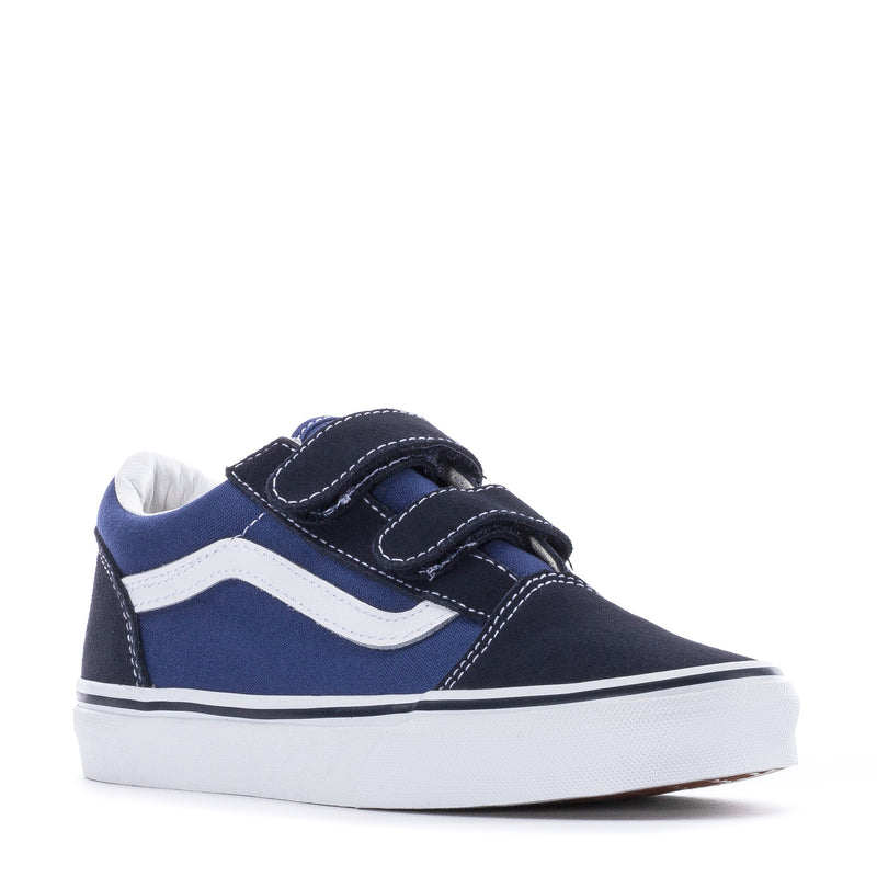 Kids navy low-top sneakers with white side stripe and two hook-and-loop straps