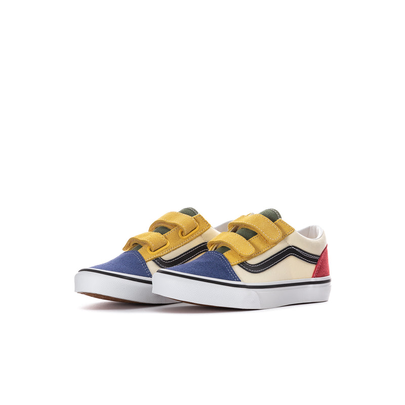 Kids' sneakers in blue, red, and yellow with hook-and-loop strap closure and white sole