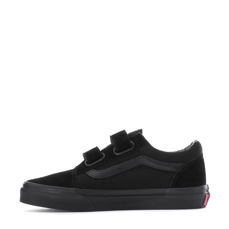 Kids black low-top sneakers with two hook-and-loop straps and sidewall rubber trim