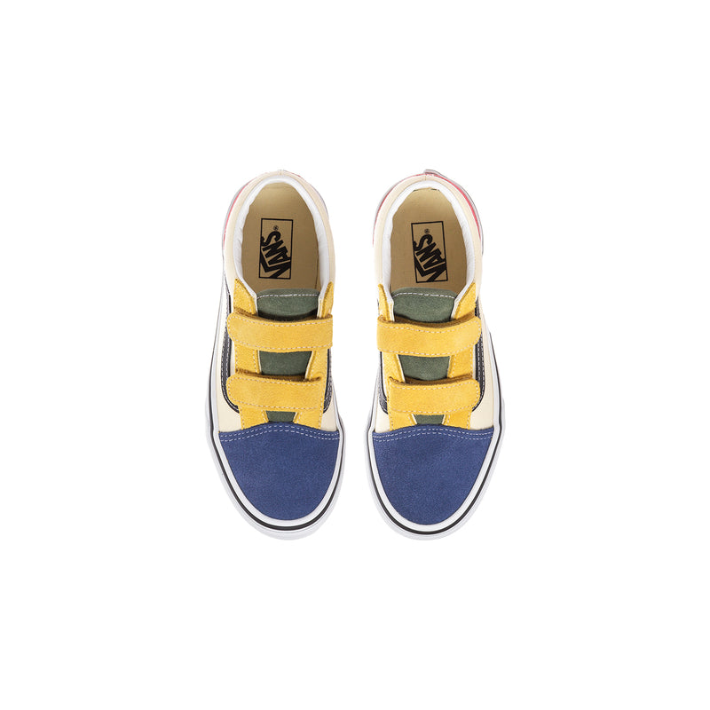 Kids' sneakers top view with yellow and blue uppers, padded collars, and hook straps