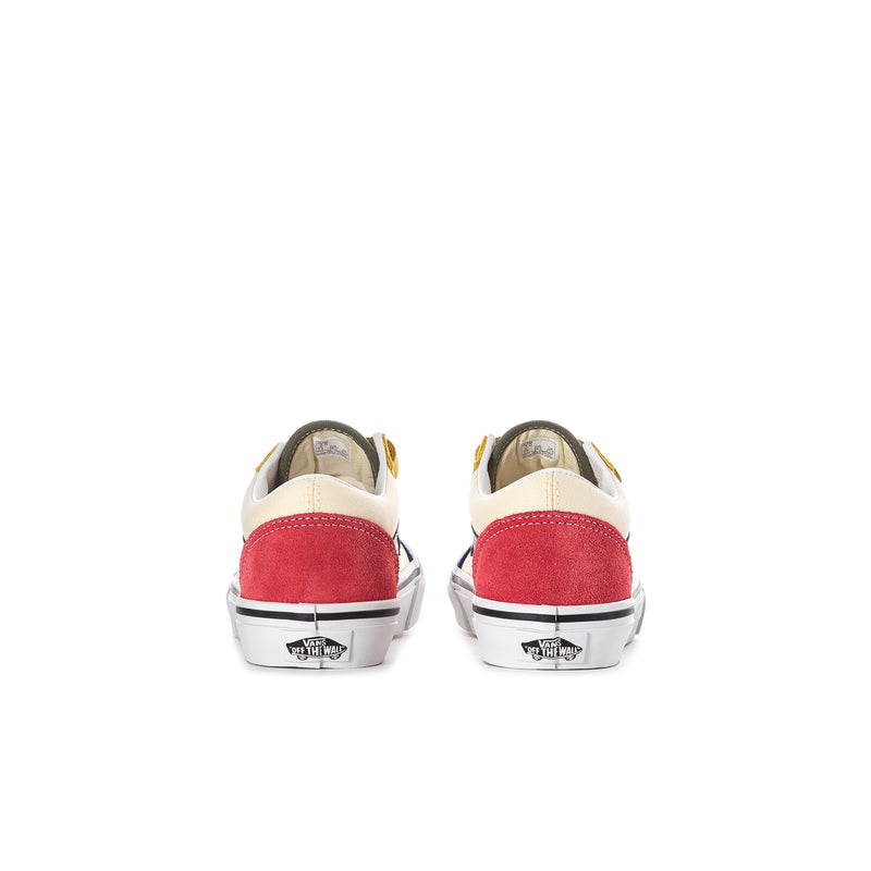 Kids' sneakers rear view with red heel panels and white midsole; hook-and-loop straps