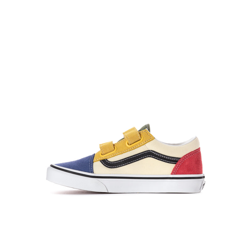 Kids' low-top sneakers with blue, red, and yellow color blocks and hook-and-loop straps