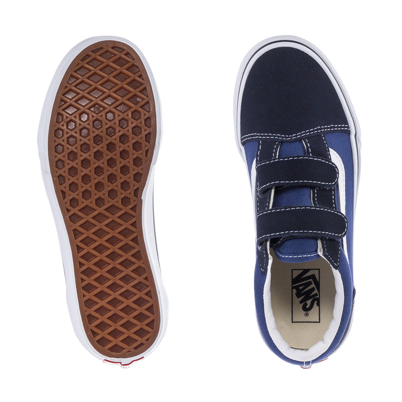 Kids sneaker outsole and inside view with Vans logo patch and dark upper
