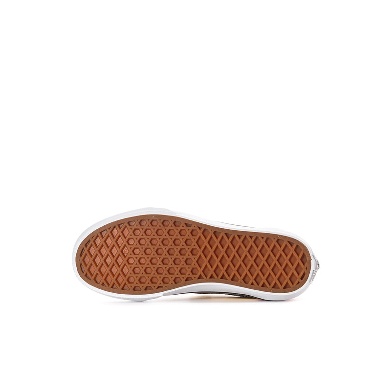 Kids' sneaker outsole with brown tread and white sidewall