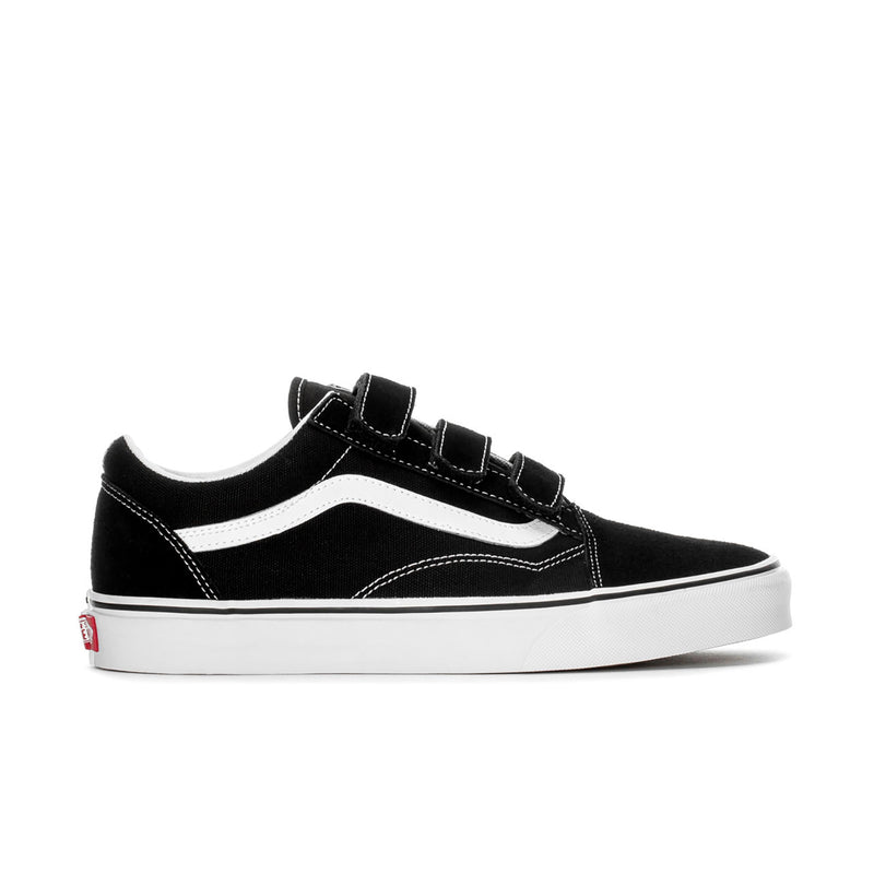 Vans men's low-top sneakers, black with white side stripe and white rubber sole