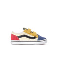 Toddler low-top sneakers with white sole, red/blue panels, and two yellow Velcro straps