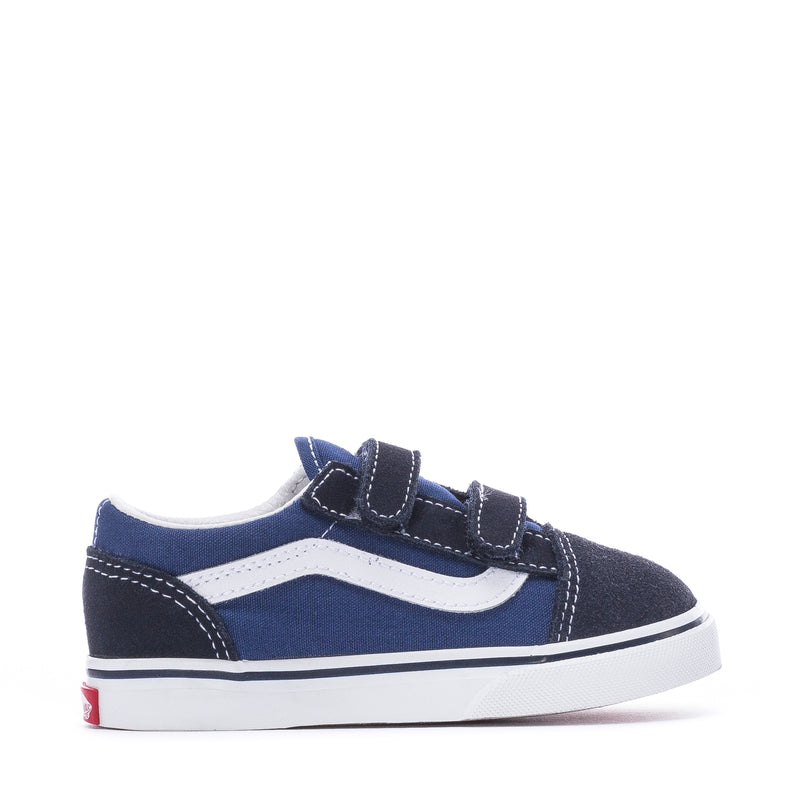 Toddler navy canvas sneakers with two hook-and-loop straps and white midsole