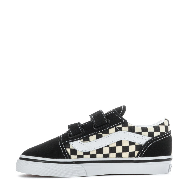 Black toddler low-top sneakers with hook-and-loop strap and checkerboard panel