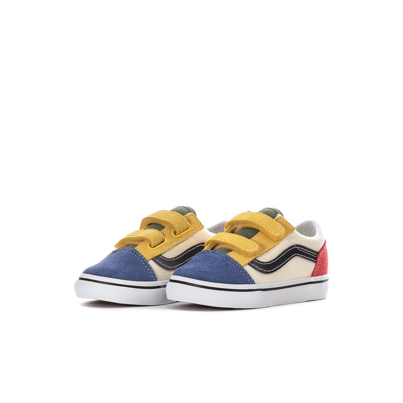 Toddler low-top sneakers, side-by-side view, blue and red with yellow Velcro straps