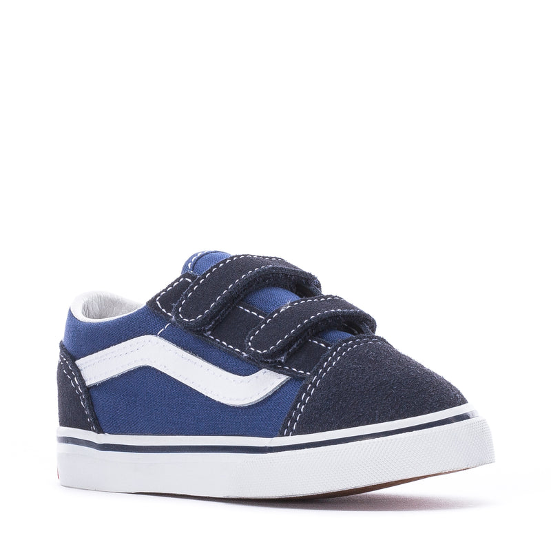 Toddler navy canvas sneakers with white side stripe and two hook-and-loop straps