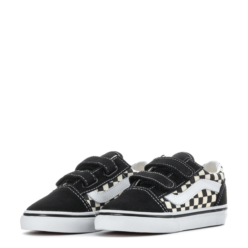 Pair of black toddler low-top sneakers with checkerboard side panels and Velcro straps