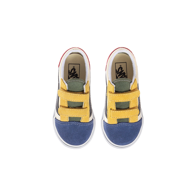 Toddler low-top sneakers with yellow Velcro strap, blue suede panels, and red heel trim