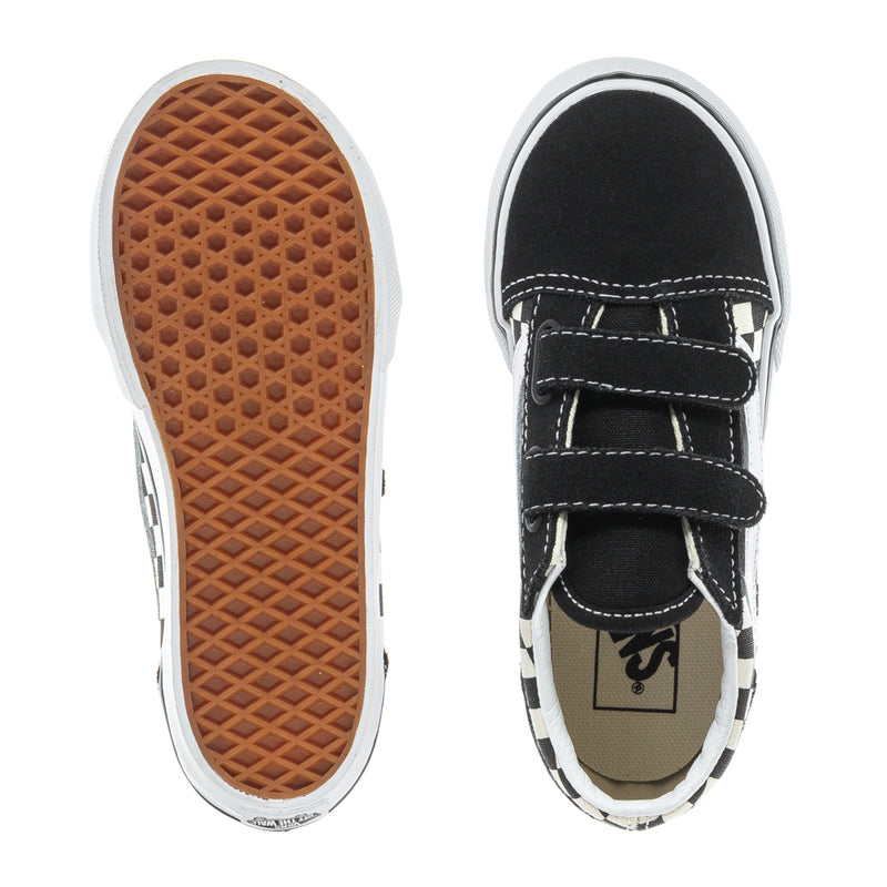 Toddler sneaker with black upper, hook-and-loop closure, and white stitching details