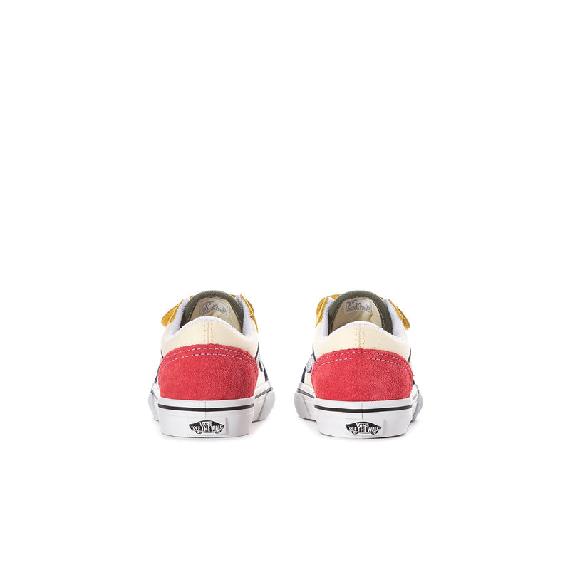 Toddler low-top sneakers, back view, red heel panels with white stripes and blue sides