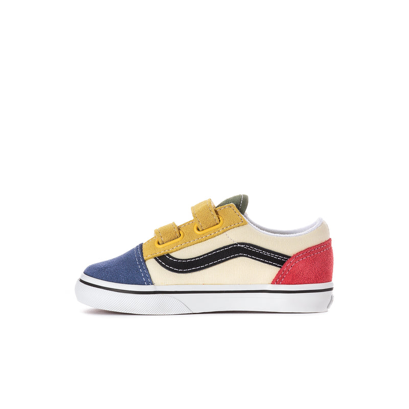 Toddler low-top sneakers in blue, yellow, red, and white with two Velcro straps