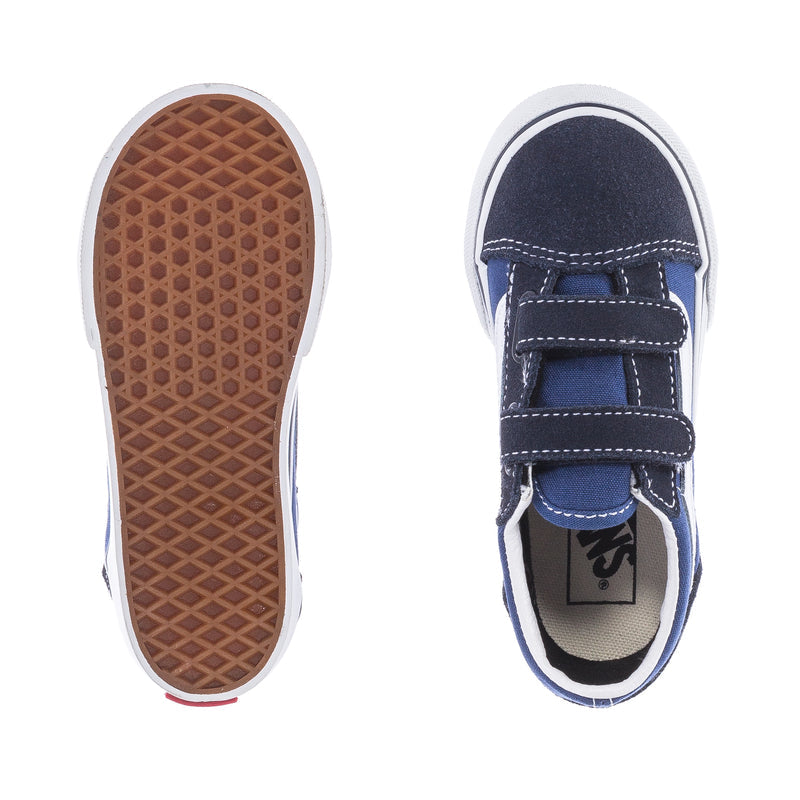 Toddler sneaker soles: tan tread outsole with navy hook-and-loop upper