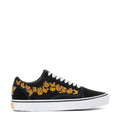 Women's low-top sneakers, black canvas with yellow floral embroidery and white laces