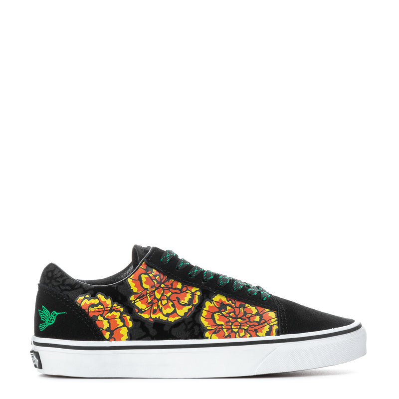 Black women's Old Skool sneakers with marigold floral panels and green laces