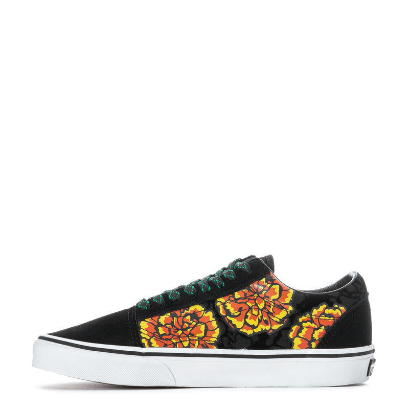 Black Old Skool sneakers with marigold floral panels and green woven lace trim
