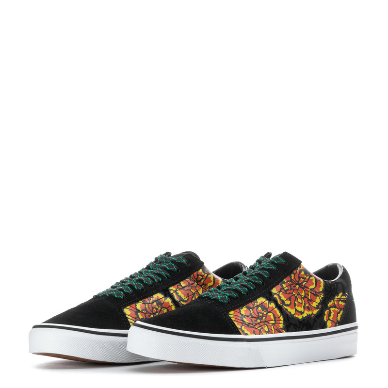 Black Old Skool sneakers with marigold floral panels and green textured strap