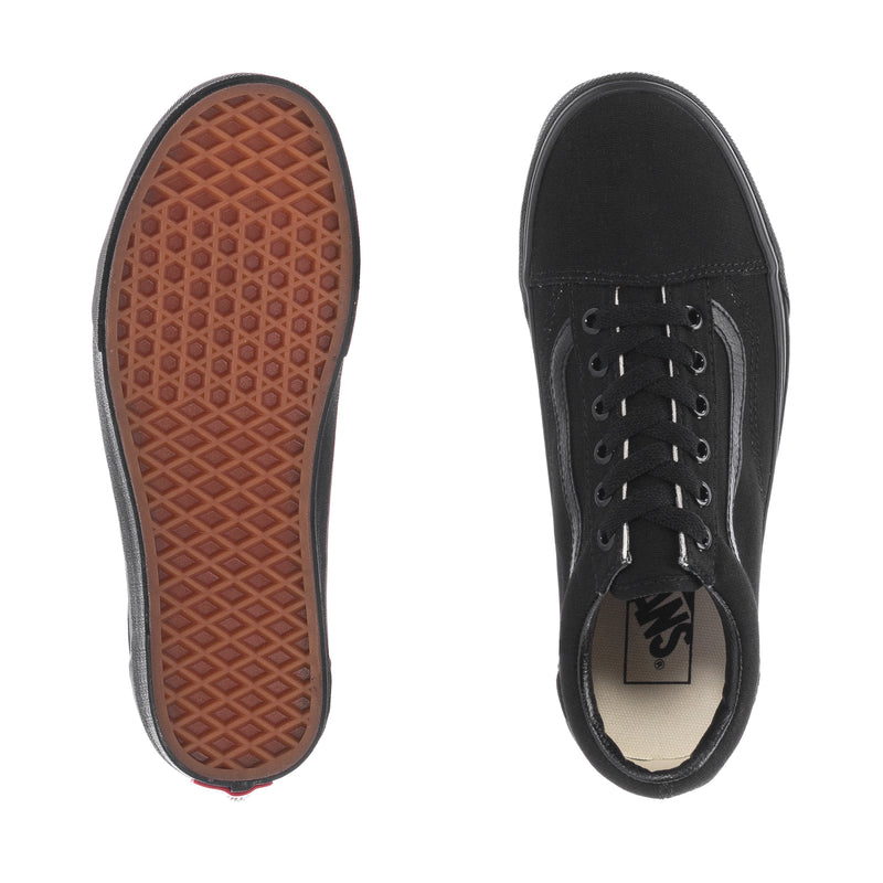 Black sneaker outsole and interior view, lace-up top with textured rubber tread