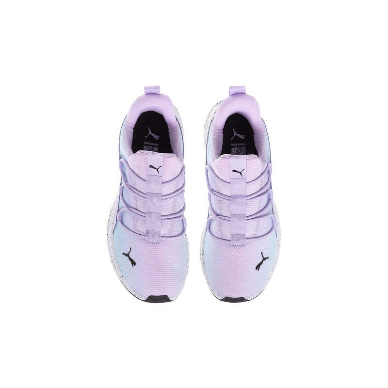 Youth wide Puma sneakers showing lace-up front and tongue, lavender with light blue panels
