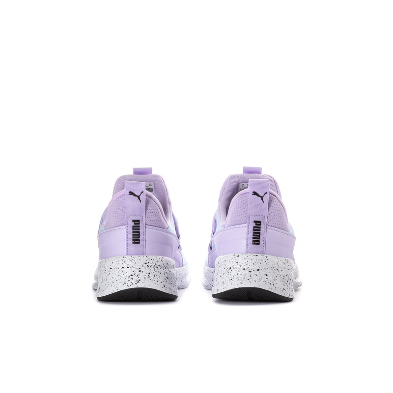 Youth wide Puma sneakers heel view, lavender uppers with speckled sole and black accents