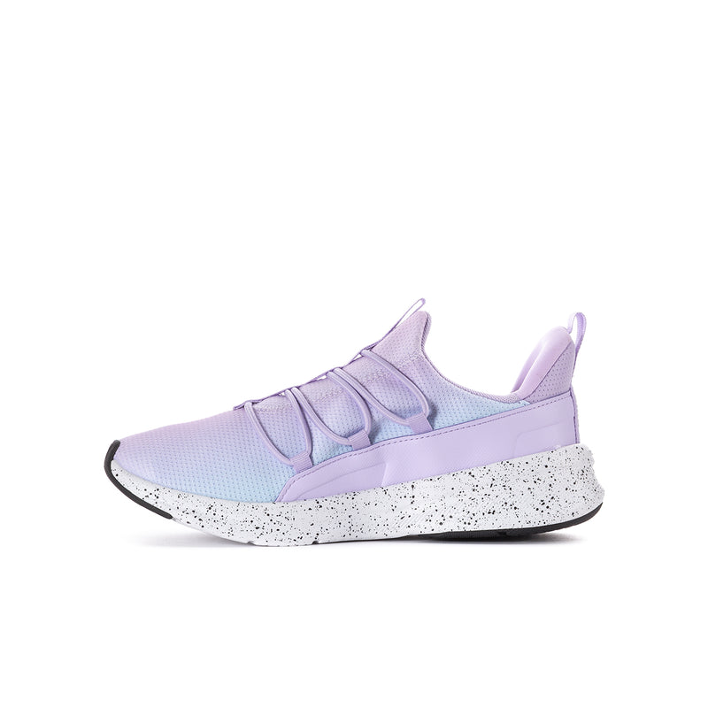 Youth wide Puma sneakers side profile, lavender and light blue upper with speckled sole