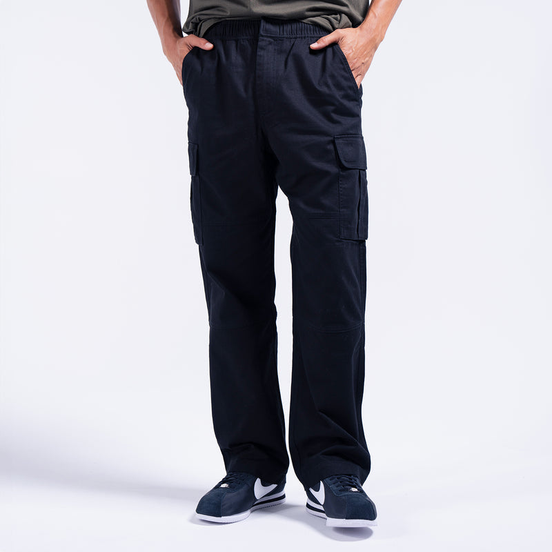 Men's dark open-hem cargo pants with drawstring waist and side cargo pockets