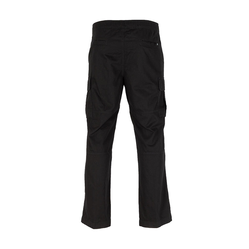 Men's black open-hem cargo pants, back view with cargo flap pockets and seam detailing