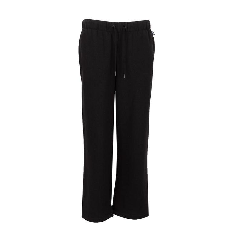 Black women’s open-hem fleece pants with elastic waist and drawstring
