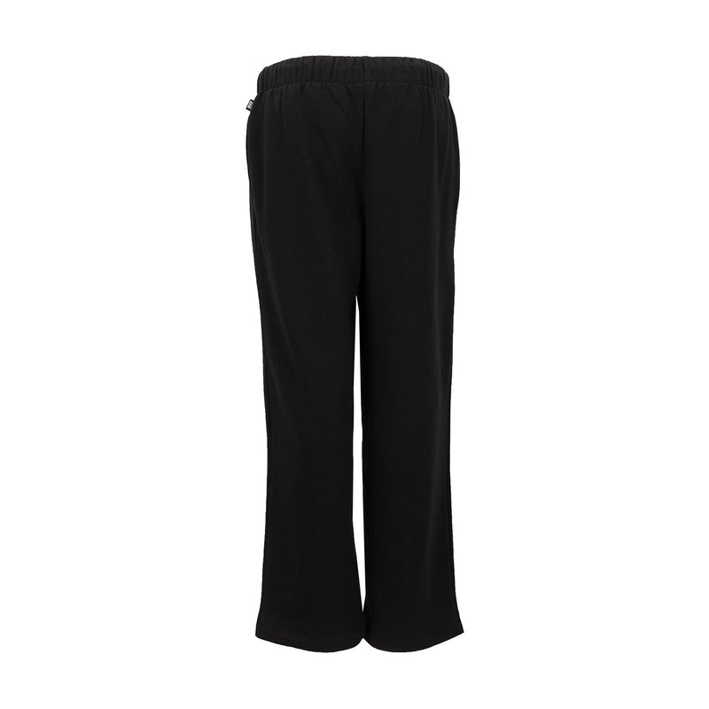 Black women’s open-hem fleece pants, back view, elastic waistband