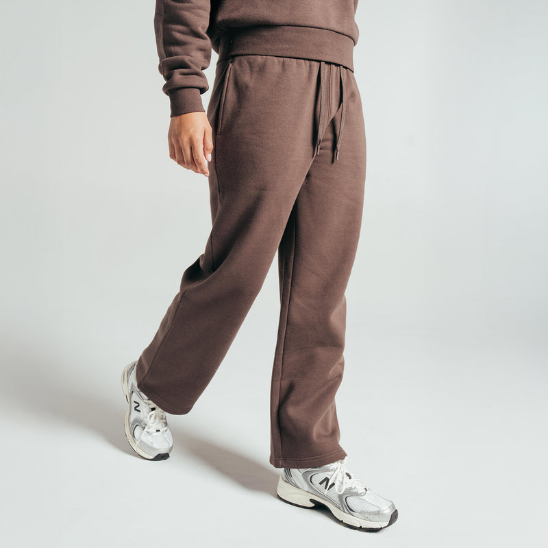 Women's chocolate brown fleece pants, drawstring waist, open hem cuffs