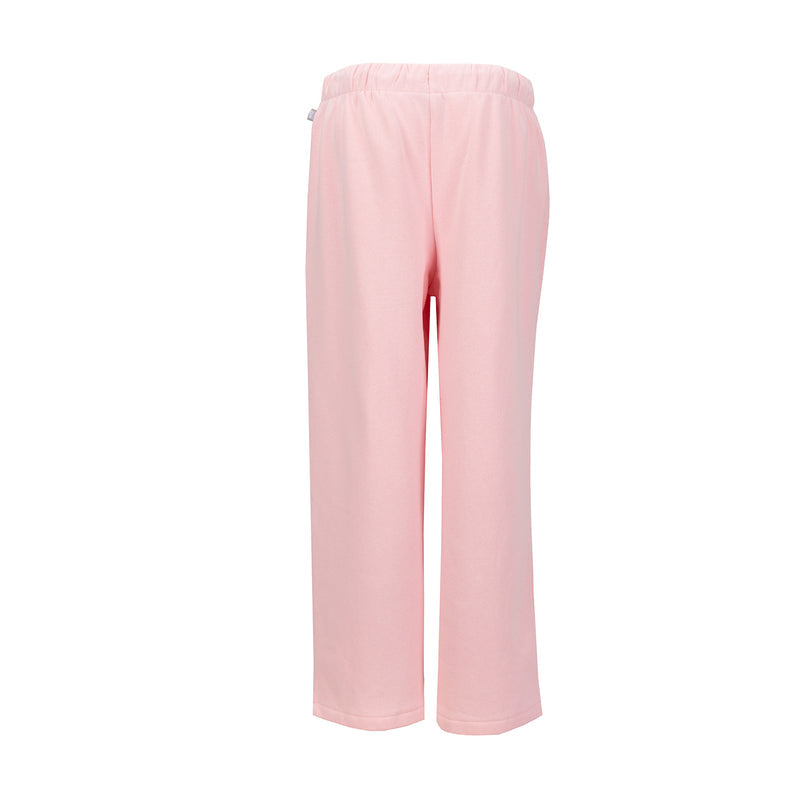 Women's open-hem fleece pants, light pink rear view with elastic waist and open cuffs