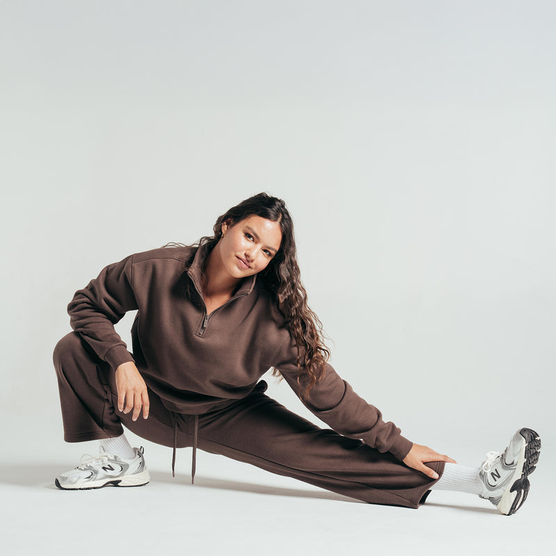 Women's chocolate brown fleece pants with open hem and relaxed fit