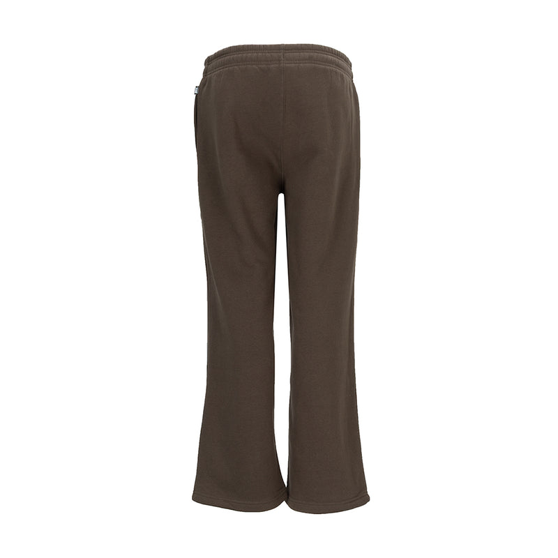 Women's chocolate brown fleece pants, back view, elastic waistband, open hem