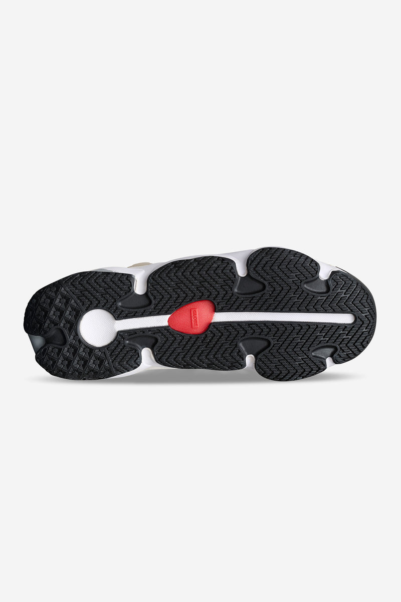 Outsole view of Option Evo Stone Vanilla sneaker with herringbone tread, white midsole accents and a red midfoot insert