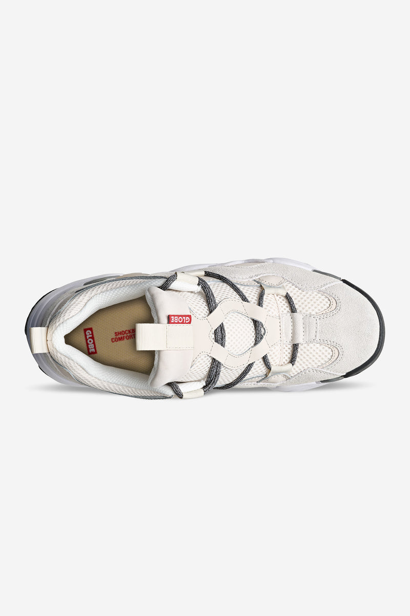 Top view of Option Evo Stone Vanilla sneaker showing white upper mesh and red label on the tongue