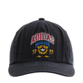 Black 5-panel varsity strapback cap with embroidered ADIDAS graphic on front.
