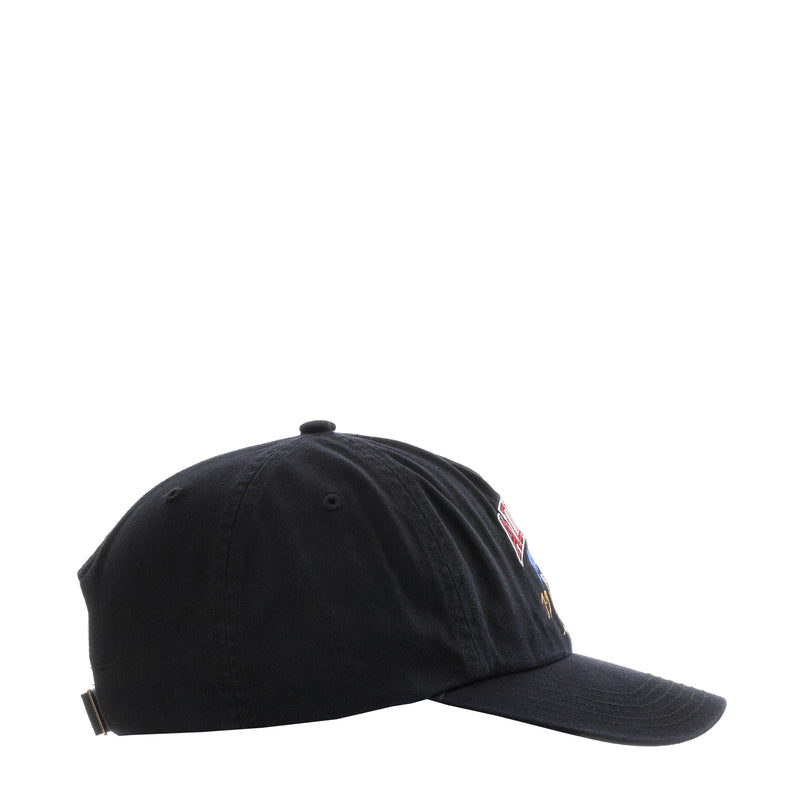 Black 5-panel cap with curved brim and small multicolor side embroidery; angled view.