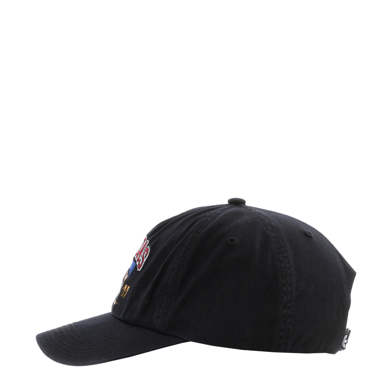 Black 5-panel strapback cap with small multicolor side logo; side profile.